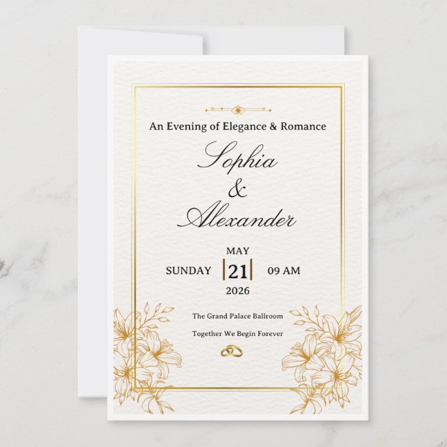 Modelo de Convite de Casamento Branco e Dourado El (Frente)