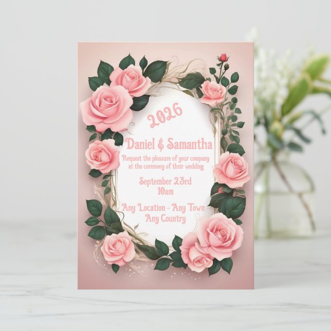 Modelo de Convite de Casamento com Moldura de Rosa (Em pé/Frente)