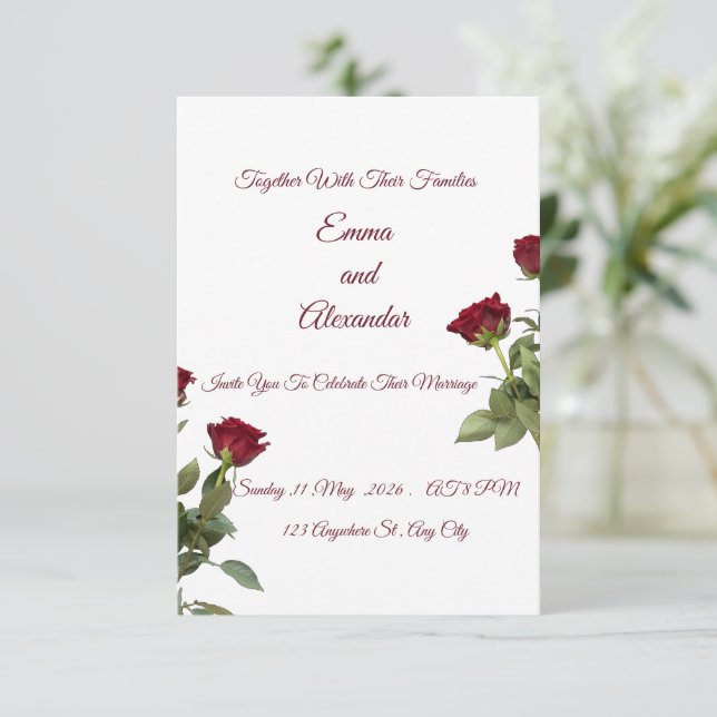 Modelo de Convite de Casamento com Rosa Vermelha E (Em pé/Frente)