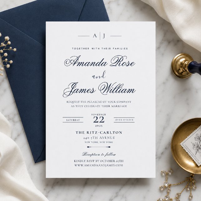 Modelo de Convite de Casamento de Luxo Minimalista (Elegant navy wedding invitation with timeless minimal luxury styling.)