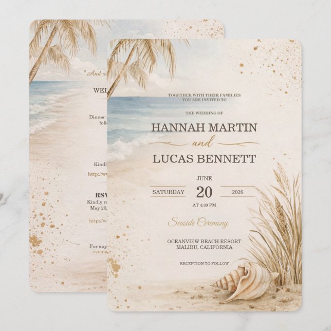 Modelo de Convite de Casamento de Luxo na Praia (Frente/Verso)