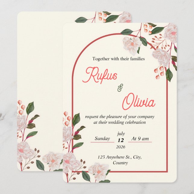 Modelo de Convite de Casamento Editável Arco Flora (Frente/Verso)