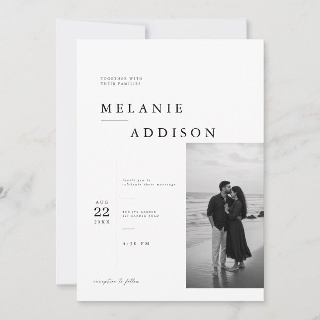 Modelo de convite de casamento editorial moderno. (Frente)
