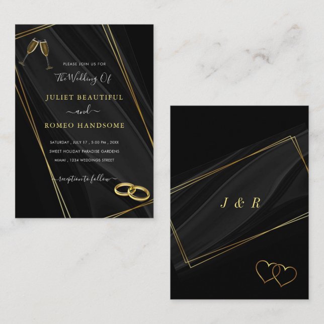 Modelo de Convite de Casamento emoldurado a Ouro P (Frente/Verso)