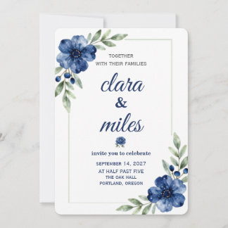 Modelo de Convite de Casamento Floral Aquarela Azu