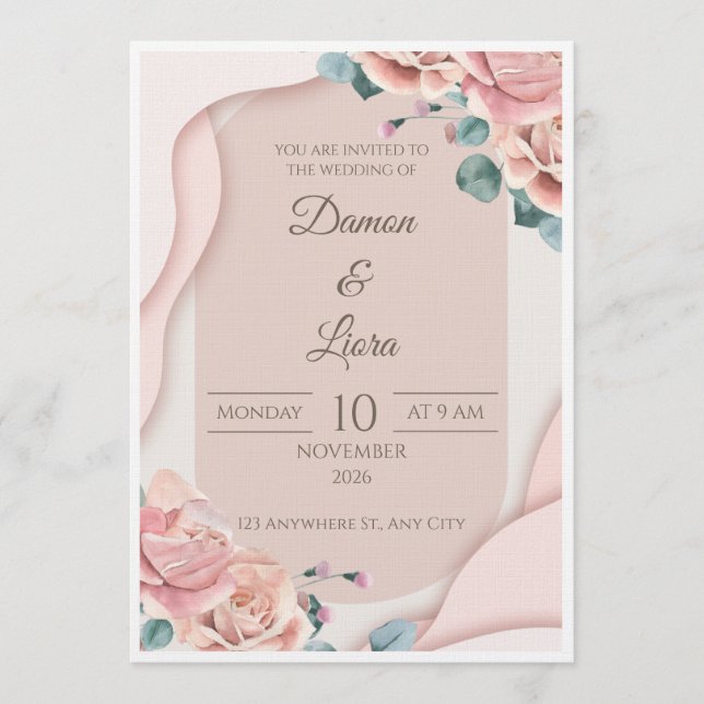 Modelo de Convite de Casamento Floral Beije Elegan (Frente)