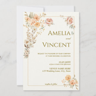 Modelo de Convite de Casamento Floral Dourado Eleg