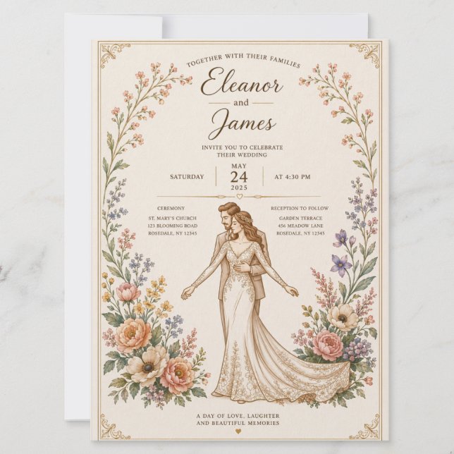 Modelo de Convite de Casamento Floral Elegante (Frente)