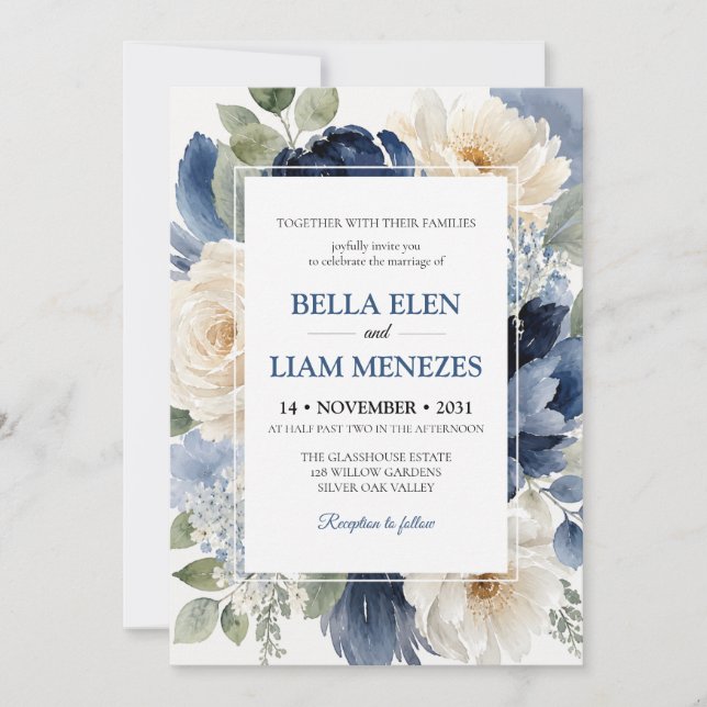 Modelo de Convite de Casamento Floral em Aquarela  (Frente)