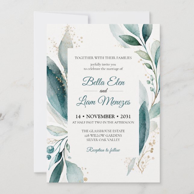 Modelo de Convite de Casamento Floral em Aquarela  (Frente)