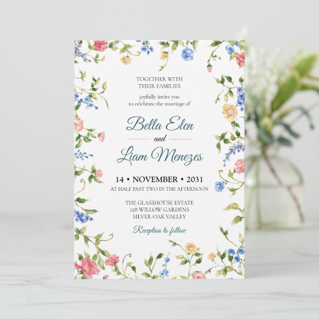 Modelo de Convite de Casamento Floral em Aquarela  (Em pé/Frente)
