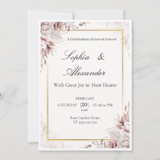 Modelo de Convite de Casamento Floral em Ouro Bran