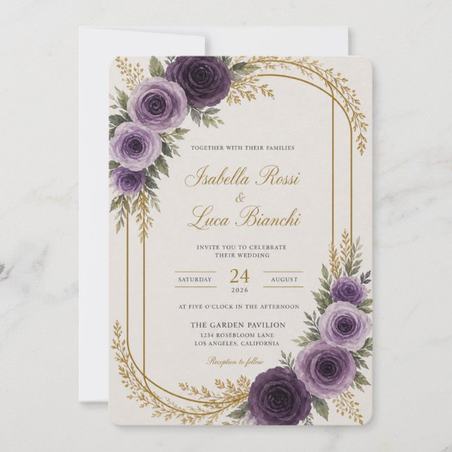 Modelo de Convite de Casamento Floral Roxo Elegant (Frente)