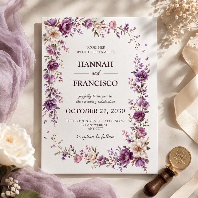 Modelo de Convite de Casamento Floral Roxo Elegant (Criador carregado)