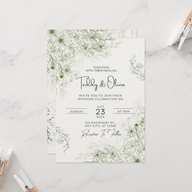 Modelo de Convite de Casamento Floral Verde Elegan (Frente/Verso In Situ)