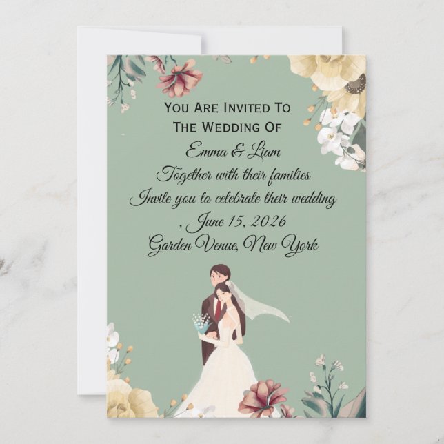 Modelo de Convite de Casamento Floral Verde Sálvia (Frente)