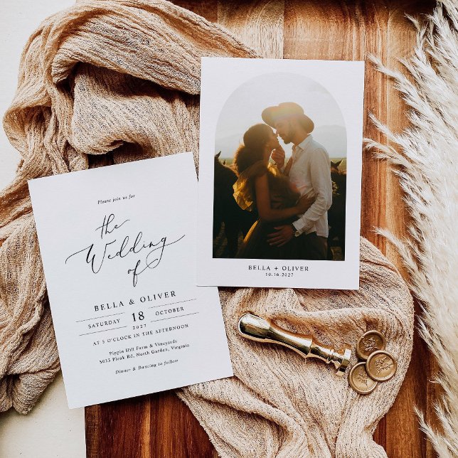Modelo de Convite de Casamento Minimalista com Fot (Modern Wedding Invitation Double-sided Card)
