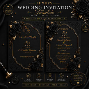 Modelo de Convite de Casamento Preto Dourado de Lu