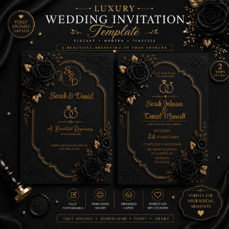 Modelo de Convite de Casamento Preto Dourado de Lu
