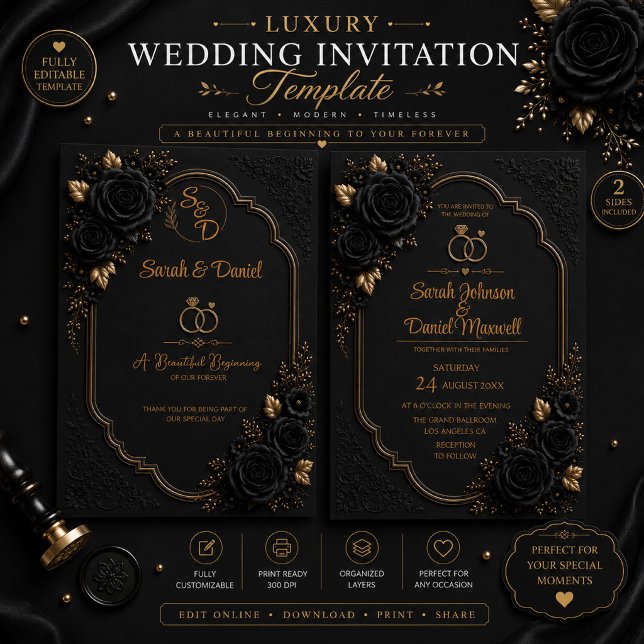 Modelo de Convite de Casamento Preto Dourado de Lu (Criador carregado)
