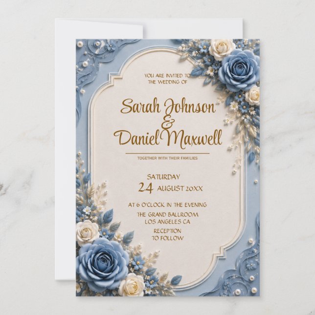 Modelo de Convite de Casamento Rosa Azul 3D | Eleg (Frente)