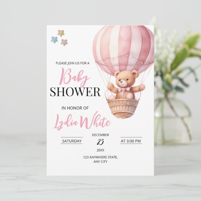 Modelo de convite de chá de bebê Urso Teddy rosa (Em pé/Frente)