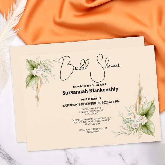 Modelo de convite de chá de noiva para brinde em t (front bridal shower floral corner template invitation back solid background color)