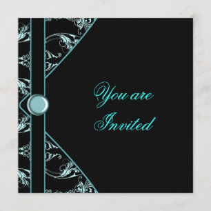 Modelo de convite de festa damasco azul-teal preto
