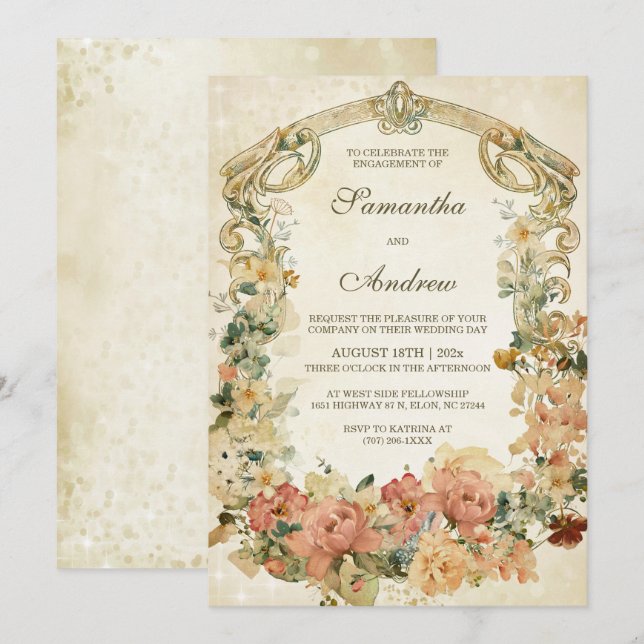 Modelo de convite de festa de noivado com flores s (Frente/Verso)