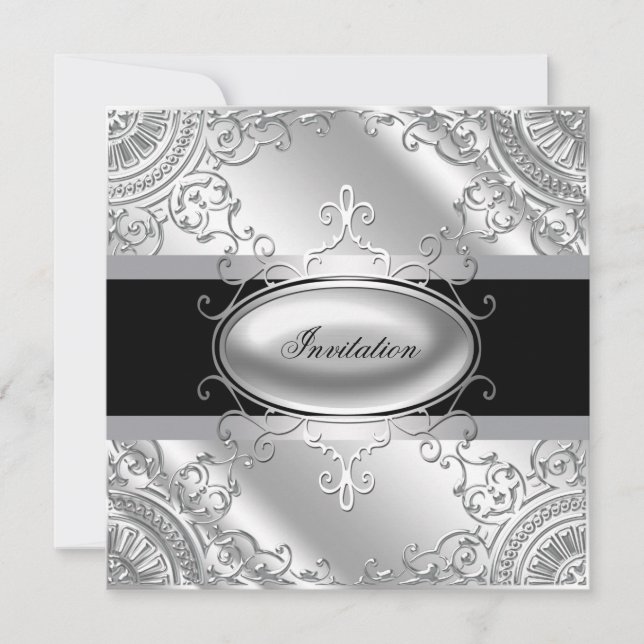 Modelo de convite de festa preto e prata elegante (Frente)
