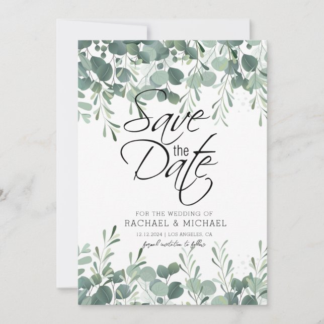 Modelo de convite de Save the Date com folhagem ve (Frente)