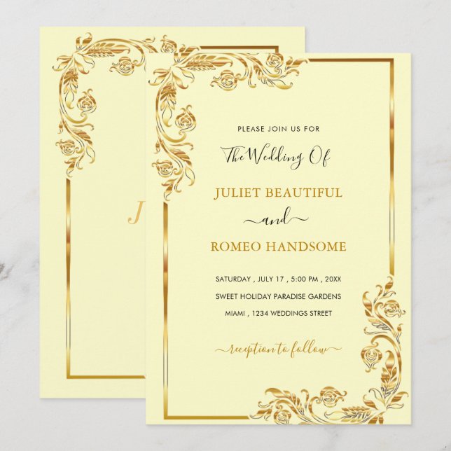 Modelo de Convite Dourado para Casamento com Estru (Frente/Verso)