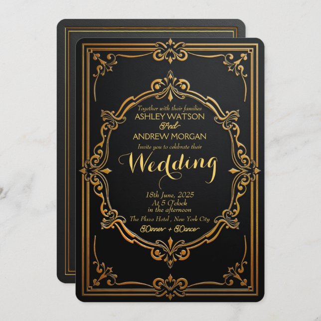 Modelo de Convite para Casamento Dourado e Preto E (Frente/Verso)