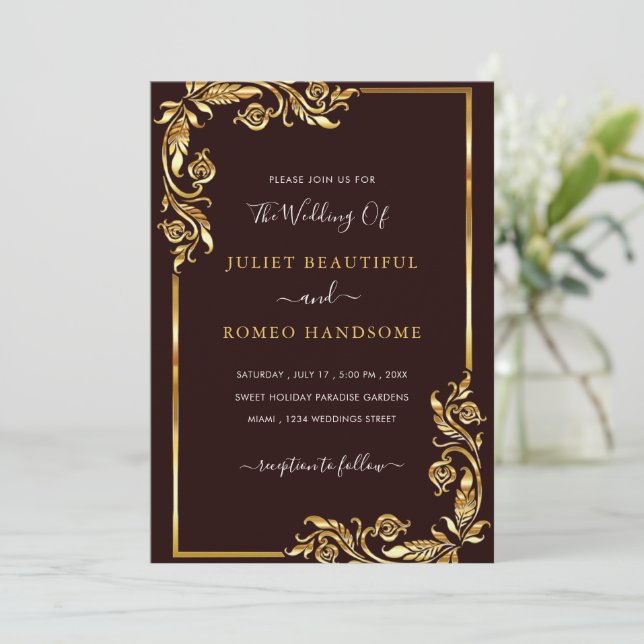 Modelo de Convite para Casamento Dourado Preto e F (Em pé/Frente)