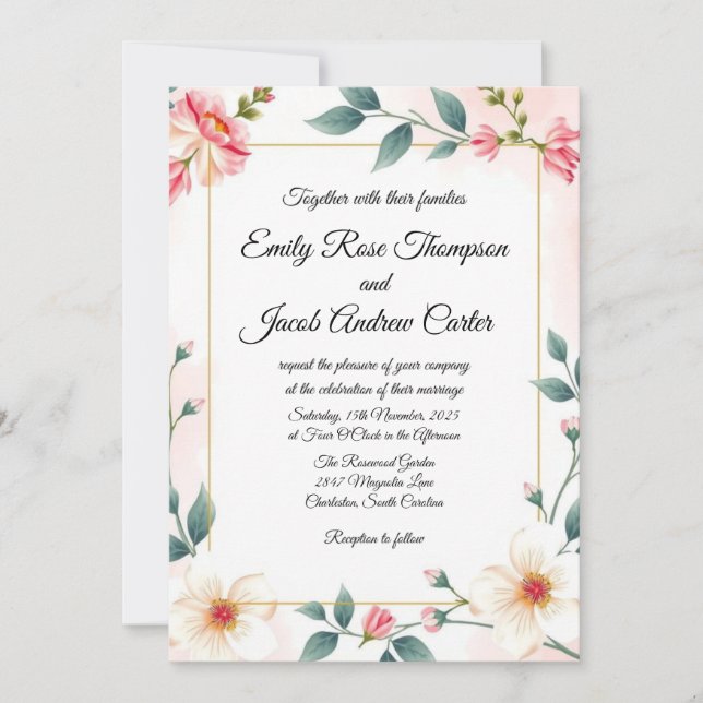 Modelo de Convite para Casamento Floral Rosa Elega (Frente)