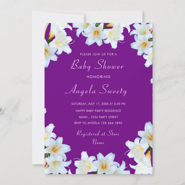 Modelo de Convite para Chá de fraldas de Lily Roxa (Frente)