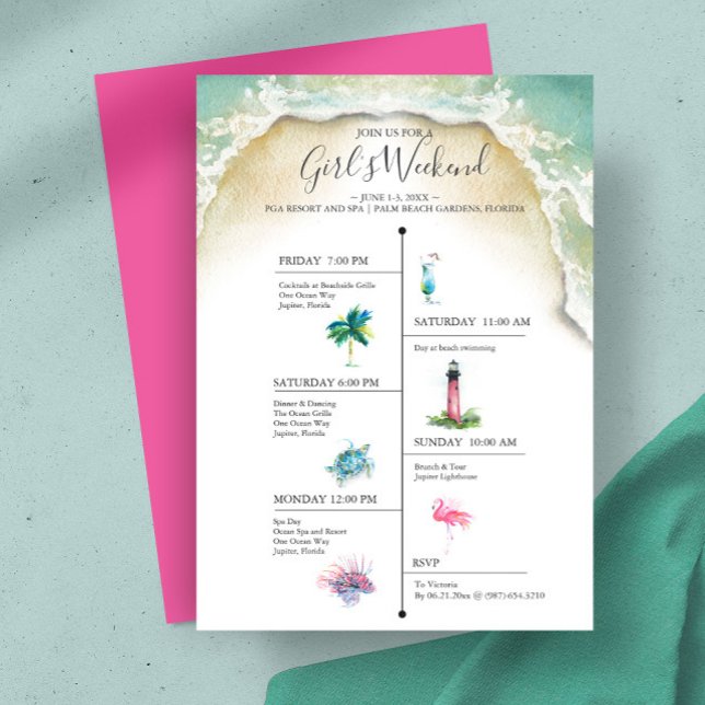 Modelo de Convite Tropical Watercolor (Girl's weekend timeline invitation illustrated watercolor art Victoria Grigaliunas Do Tell A Belle)