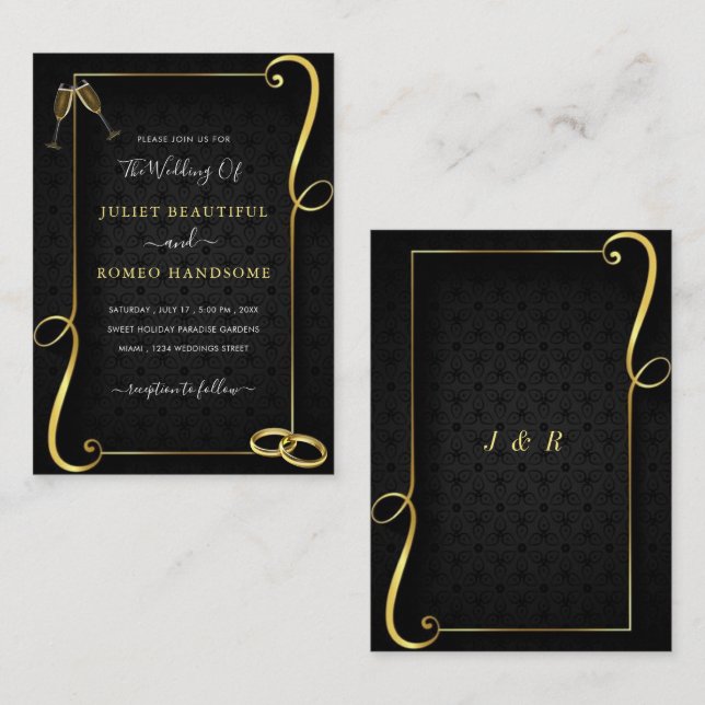 Modelo de Convites de Casamento Moldura Ouro Preto (Frente/Verso)