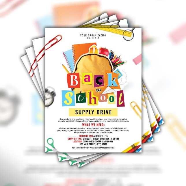 Modelo de Folheto para Campanha de Suprimentos de  (Back To School Supply Drive Flyer)
