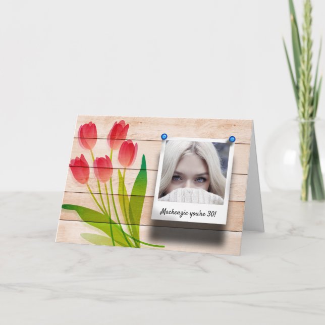 Modelo de Foto de Aniversário Floral, Tulip Rosa,  (Frente)