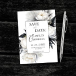 Modelo de foto de flores brancas e pretas<br><div class="desc">Flores de peônia de boho preto e branco pampas casamento elegante salve a data editável modelo convite instantâneo download digital com foto no verso</div>
