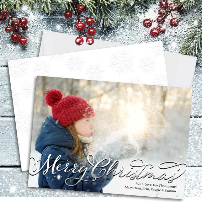 Modelo de Fotografia de Script de Feliz Natal (Merry Christmas Calligraphy Script Stylish Silver Photo Holiday Card)