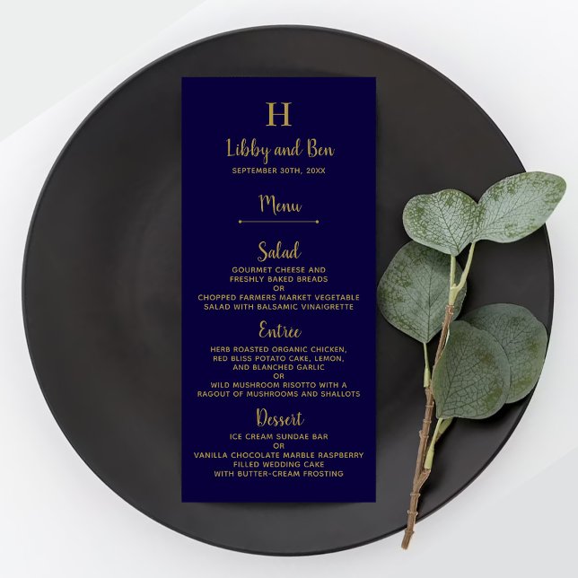 Modelo de Menu de Casamento Azul Marinho e Dourado (Criador carregado)