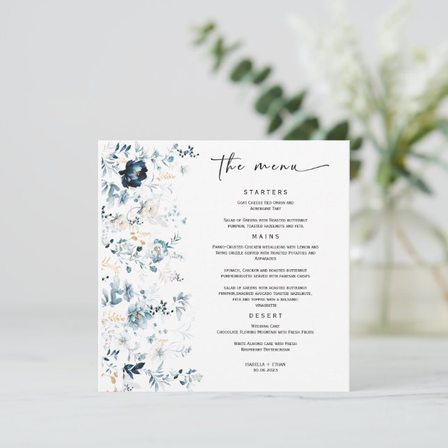Modelo de Menu de Casamento Azul Marinho e Dourado (Em pé/Frente)