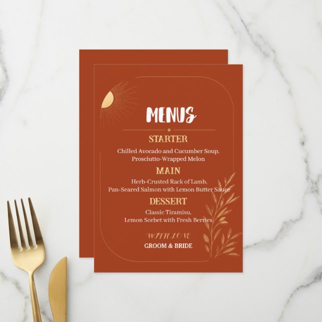 Modelo de Menu de Casamento Boho Terracota (Frente/Verso In Situ)