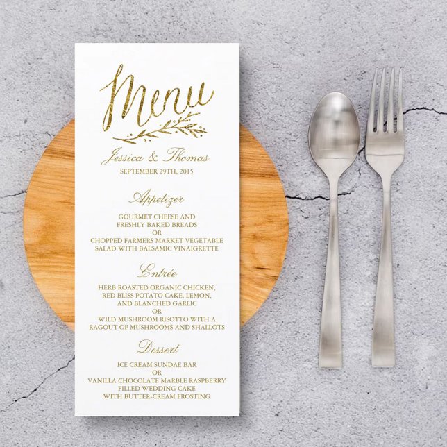 Modelo de Menu de Casamento de Folha Ouro Chic Fau (Criador carregado)