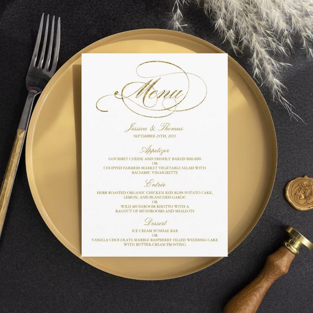 Modelo de Menu de Casamento de Folha Ouro Chic Fau (Criador carregado)