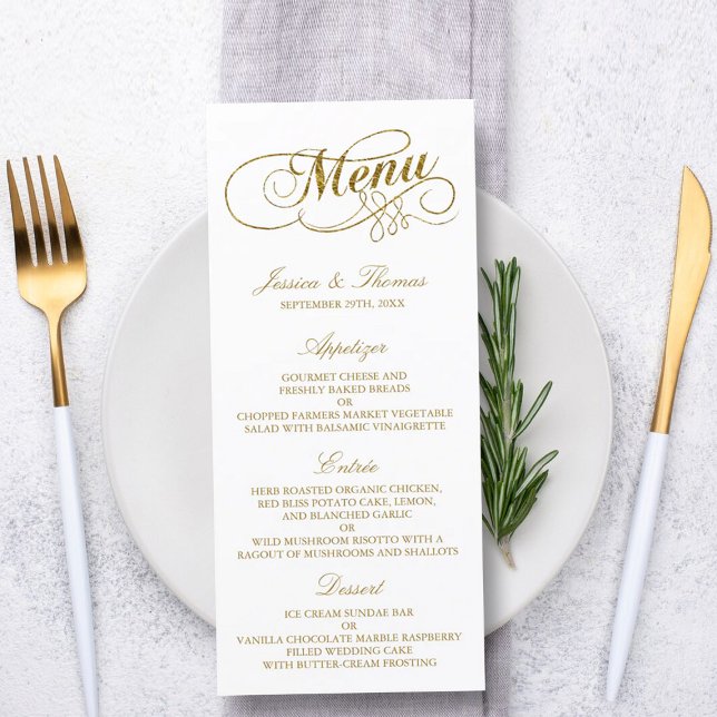 Modelo de Menu de Casamento de Folha Ouro Chic Fau (Criador carregado)