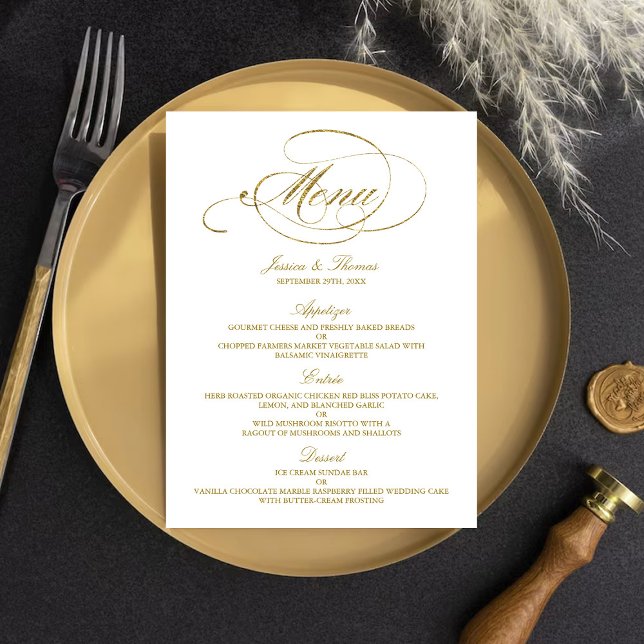 Modelo de Menu de Casamento de Folha Ouro Chic Fau (Criador carregado)