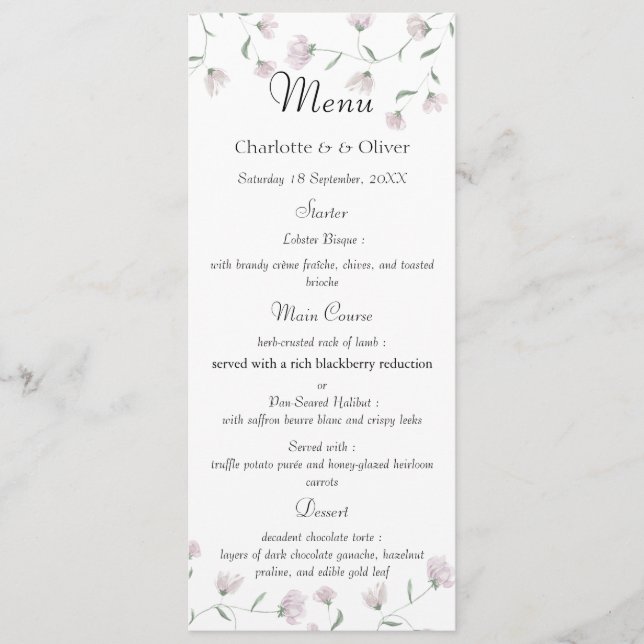 Modelo de Menu de Casamento Floral Elegante com Ru (Frente)